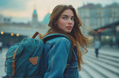 beautiful student woman walking with her backpack student.の素材