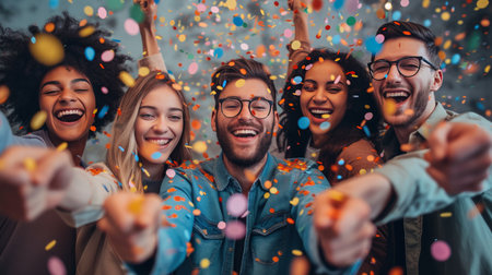 A Team of Happy Employees Celebrating a Business Triumph Amidst Confetti.の素材