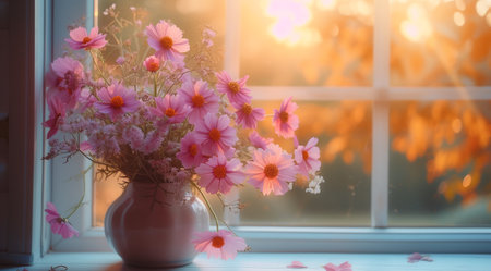 the pink and purple flowers are in a vase on a table sitting next to a window.の素材