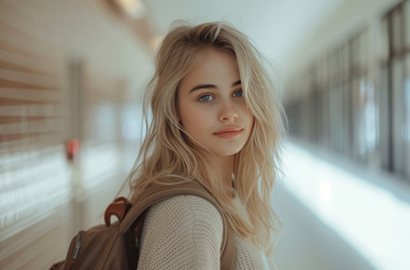 a blonde girl with a backpack in an hallway.の素材