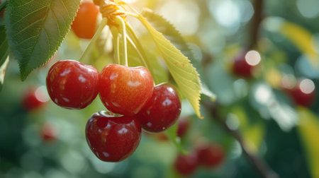 Beautiful juicy ripe cherry hang on a branch in the summer garden.の素材
