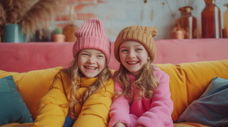 Two young girls laugh and have fun while sitting on a bright sofa in a modern room.の素材