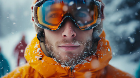 Portrait of a beautiful young man skiing in the background of Alpine clones.の素材