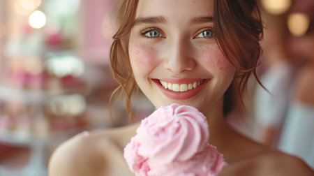The beautiful girl has a big pink ice cream.の素材