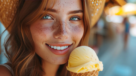 The beautiful girl has a big yellow ice cream.の素材