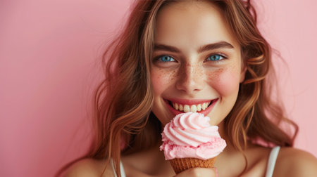The beautiful girl has a big pink ice cream.の素材