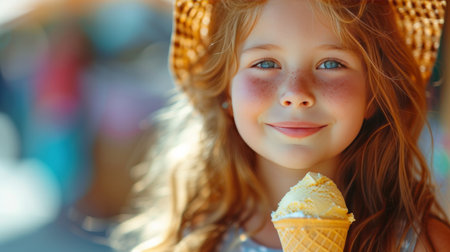 The beautiful girl has a big yellow ice cream.の素材