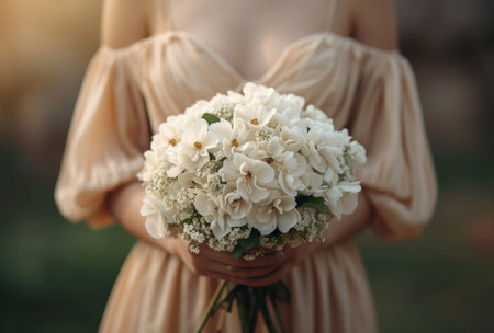 the bride holds a white flower bouquet with peonies.の素材