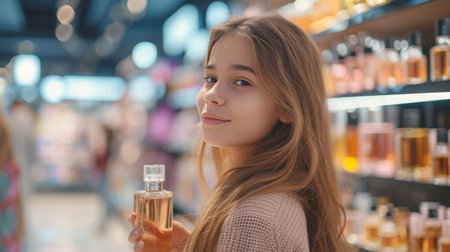 Young beautiful girl sprays herself from a bottle of perfume in a perfume store.の素材