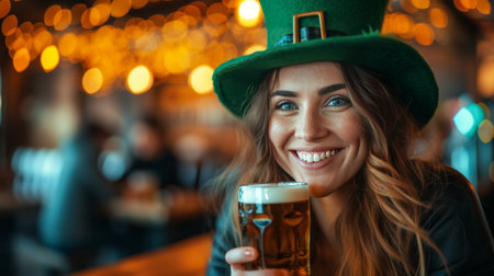 Young cheerful woman in a big green leprechaun hat drinks beer in an Irish pub.の素材