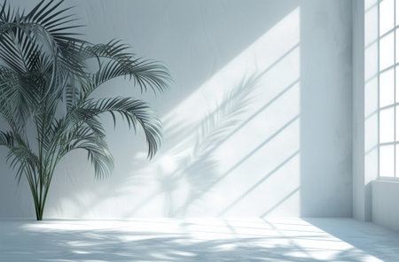 a background of a white room with a silhouette of a tropical tree.の素材