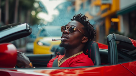 Young black man sitting and smoking in a red sports car.の素材