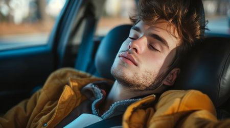 young man fell asleep at the wheel of a car.の素材