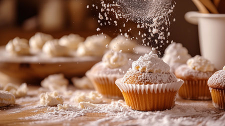 A 12-year-old girl got covered in flour while baking cupcakes.の素材