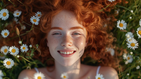 A beautiful young curly red-haired girl with freckles lies on her back and laughs in a summer field.の素材