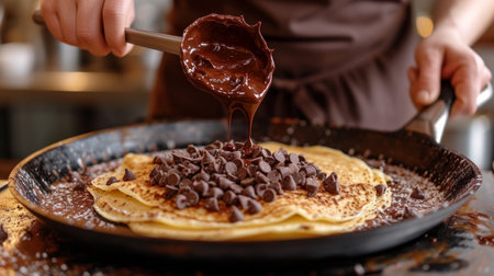 a cook in a street cafe spreads chocolate spread on a pancake.の素材