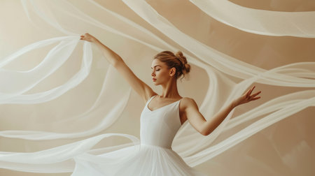 A gymnast in a white dress dances against a minimalist cream-colored background with a cream ribbon.の素材