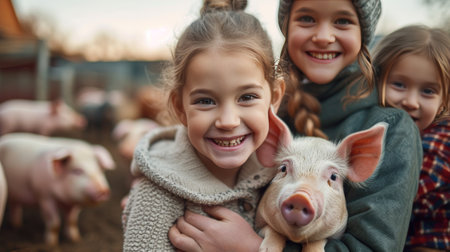 A girl with her parents in a pen with mini pigs at the zoo.の素材