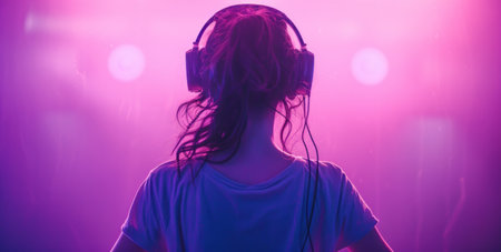 a girl has headphones on and is dancing in front of a purple background.の素材