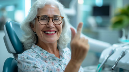A Happy Senior Woman Poses for the Camera at the Dentist's Office.の素材