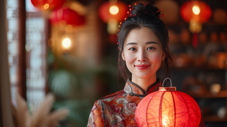 A Joyful Chinese Woman Holding a Red Lantern at Home, Looking at the Camera.の素材