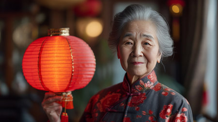 A Joyful Chinese Woman Holding a Red Lantern at Home, Looking at the Camera.の素材
