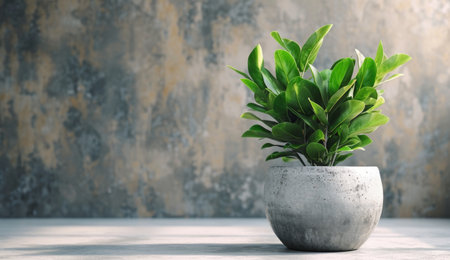a pot of green plants against a concrete wall.の素材