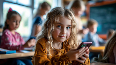 A white 12-year-old girl sits and plays on her phone during class.の素材