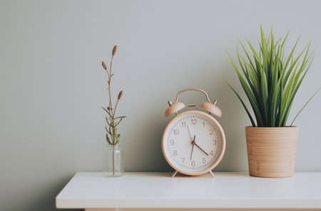 a white table with a clock and plants on it.の素材