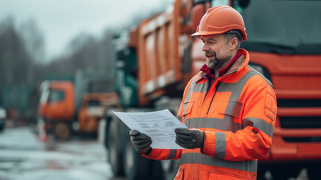 A transportation manager reviewing a checklist in a parking lot.の素材