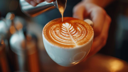A young handsome barista in a coffee shop makes a beautiful cappuccino with a pattern of a leaf shape.の素材