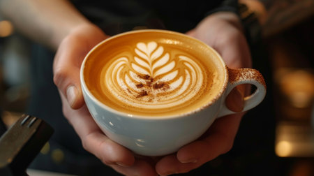 A young handsome barista in a coffee shop makes a beautiful cappuccino with a pattern of a leaf shape.の素材