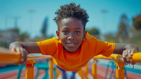 African-American Young Boy Leaping Over Hurdles on Running Track at Stadium.の素材