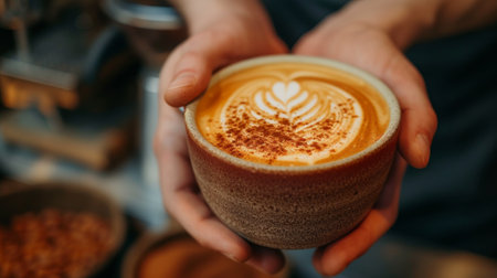 A young handsome barista in a coffee shop makes a beautiful cappuccino with a pattern of a leaf shape.の素材