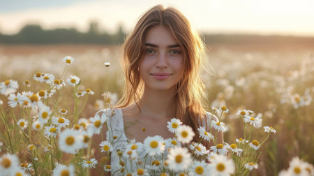 A young beautiful woman stands in a field with a large bouquet of daisies in her hands.の素材