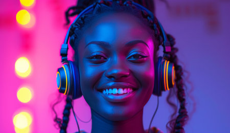 a young woman is listening to music while smiling at the camera with headphones.の素材