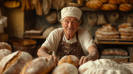 An old baker bakes bread in his small cozy Italian style bakery..の素材