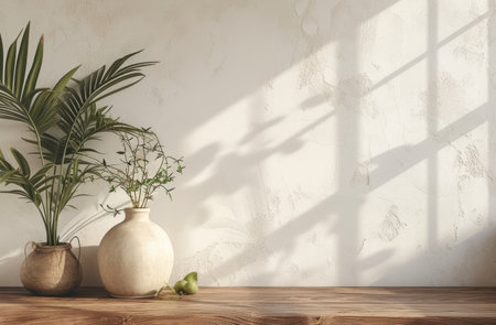 an empty ceramic vase and plants sitting on a wooden table next to a white wall.の素材