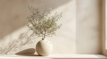 an olive tree in a vase on the window sill.の素材