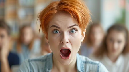 Angry red-haired teacher with short hair screams loudly and opens her mouth wide to students in class.の素材