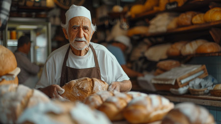 An old baker bakes bread in his small cozy Italian style bakery..の素材