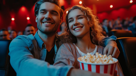 Beautiful young couple sitting in a cinema with a big bucket of popcorn.の素材