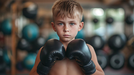 Boy trying on big boxing gloves in the gym.の素材