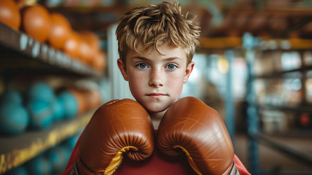 Boy trying on big boxing gloves in the gym.の素材