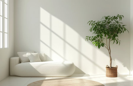 couch and plant in white and brown sitting room.の素材
