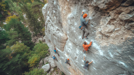 Climbers lock themselves onto a large rock. bottom view.の素材