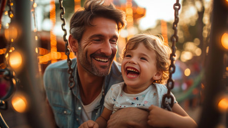 Dad and his son go to the park attraction.の素材