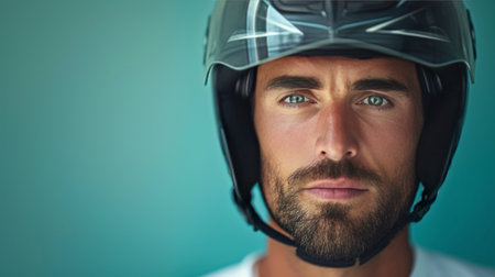 Handsome man in a hockey helmet on a minimalistic bright background with copy space.の素材