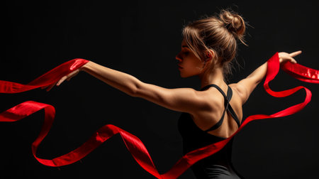Girl gymnast in a black suit dances with a red ribbon.の素材