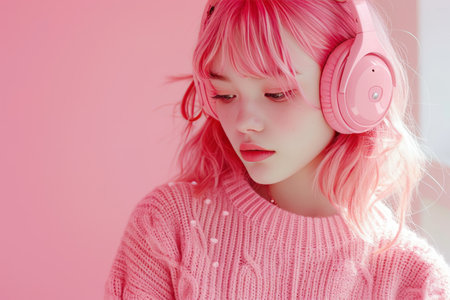 pink haired girl wearing headphones with pink sweater on a pink background.の素材